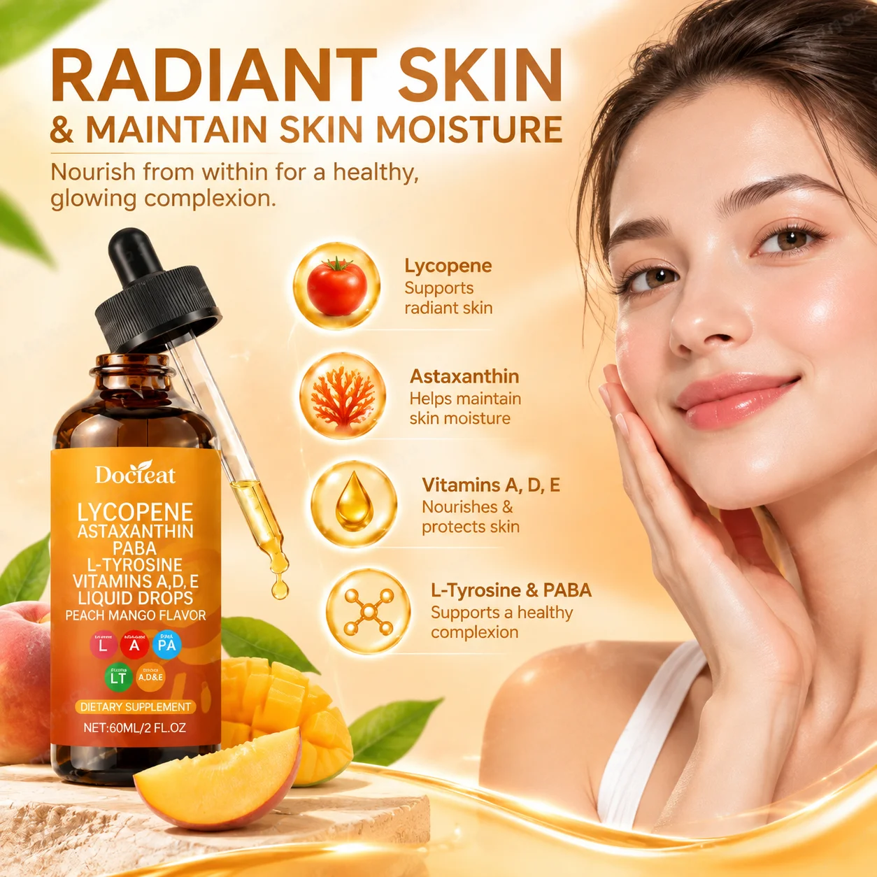 Lycopene Astaxanthin Liquid Drops,Radiant Skin & Maintain Skin Moisture, L-Tyrosine PABA Vitamins A C D, Peach Mango Flavor 60ml