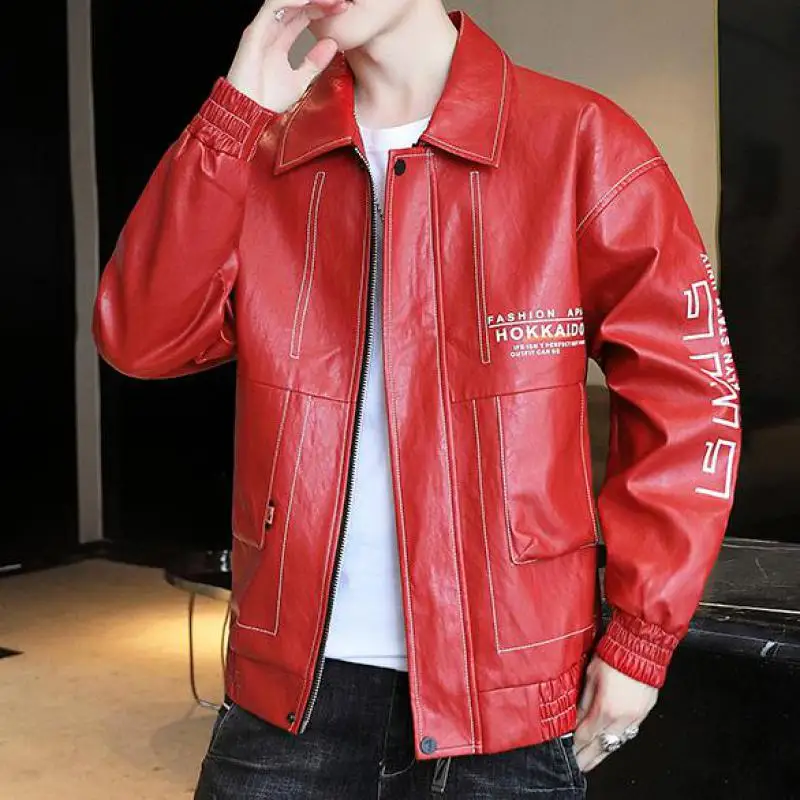 

2023 Autumn Korean Fashion Red Faux Leather Jackets Stylish Baseball Jackets Pu Bomber Motorcycle Winter Coats Black Clothing