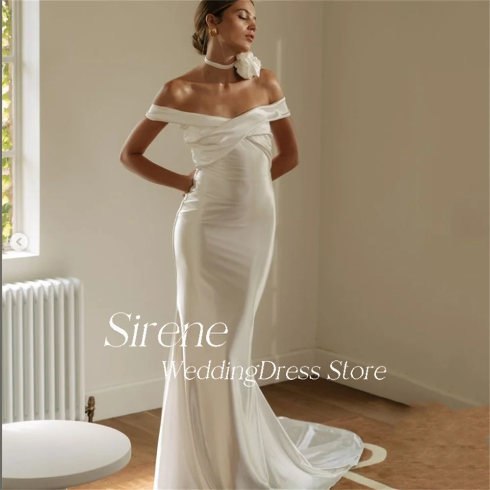 

Sirene Elegant Off The Shoulder Stain Mermaid Pleated Wedding Dress Floor Length Sleeveless Backless Bride Gown Vestido de novia