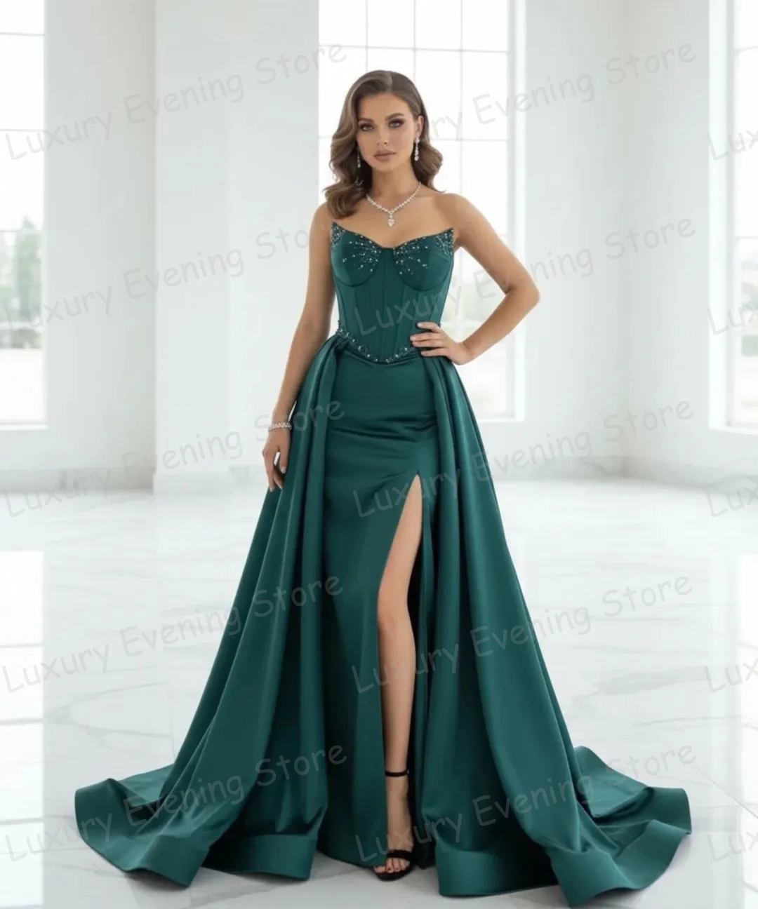 Simple Side Split Evening Dresses Sexy Woman's Mermaid Boat Neck Beading Prom Gowns Fashion Party Vestidos De Novia Customized