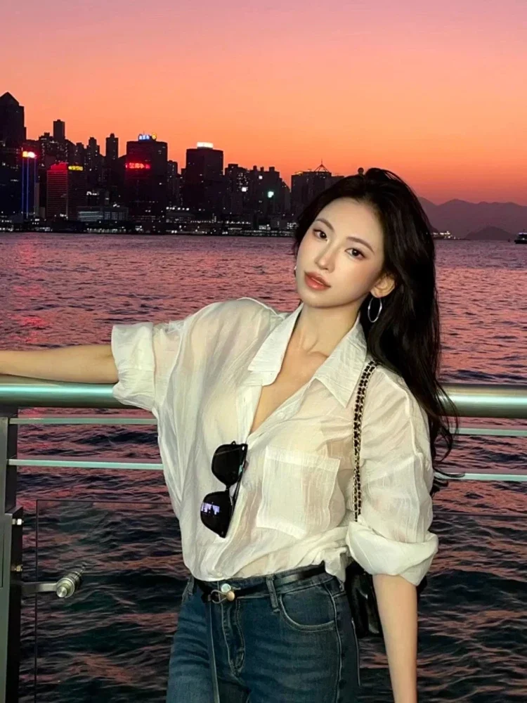 Blusa feminina coreano topos 2025 ropa mujer proteção solar elegante novas blusas turn down collar manga longa mulher chique branco blusas