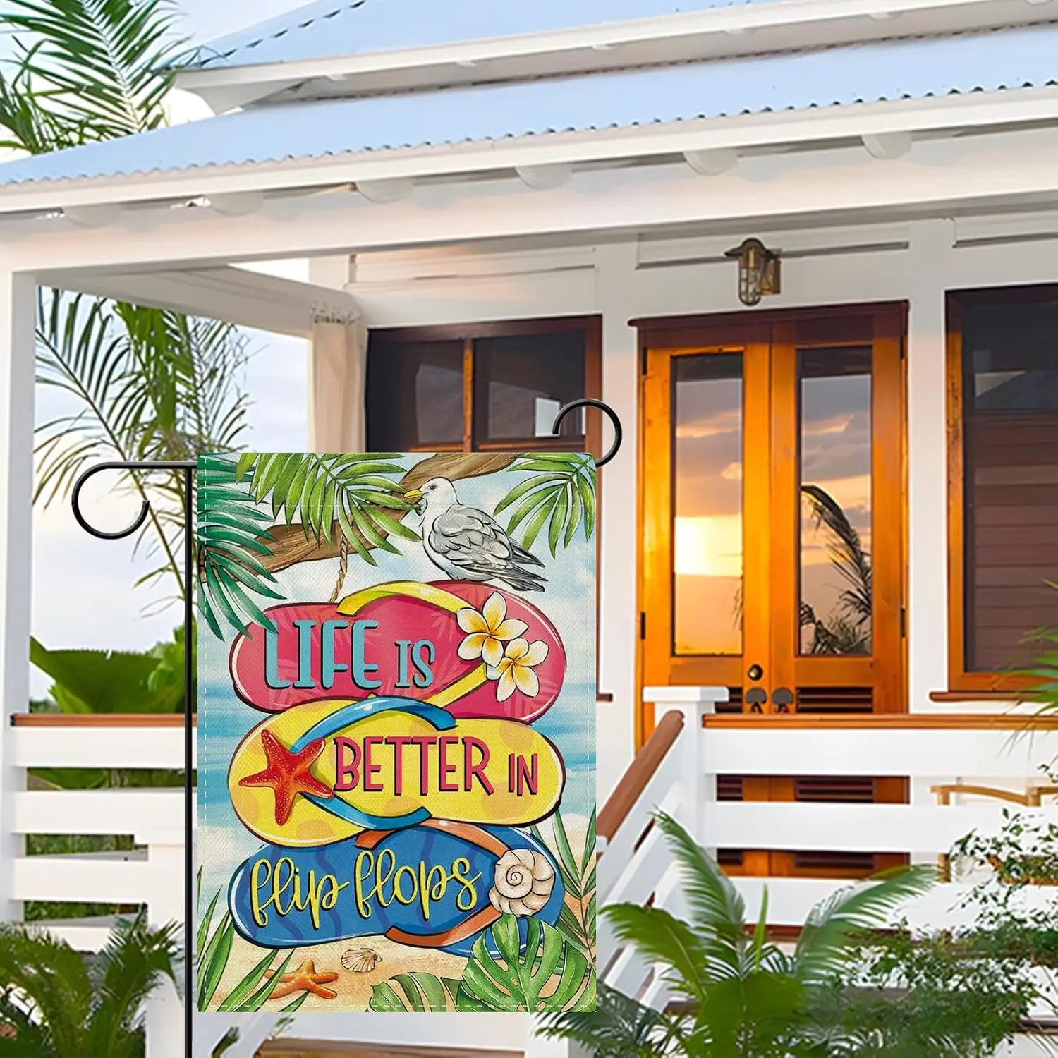 Dyrenson Summer Life is Better in Flip Flops Beach Decorative Garden Flag, Hawaii Coastal Tropical Palm Leaves Yard Outside  AAS