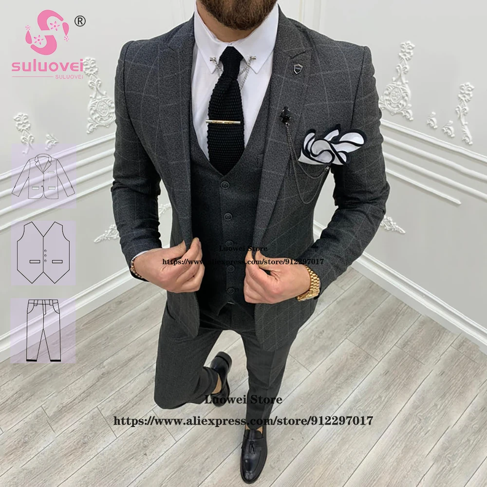 

Elegant Plaid Slim Fit Suit For Men 3 PCS Jacket Vest Pants Set Formal Groom Wedding Peakd Lapel Tuxedo Traje De Hombre Elegante