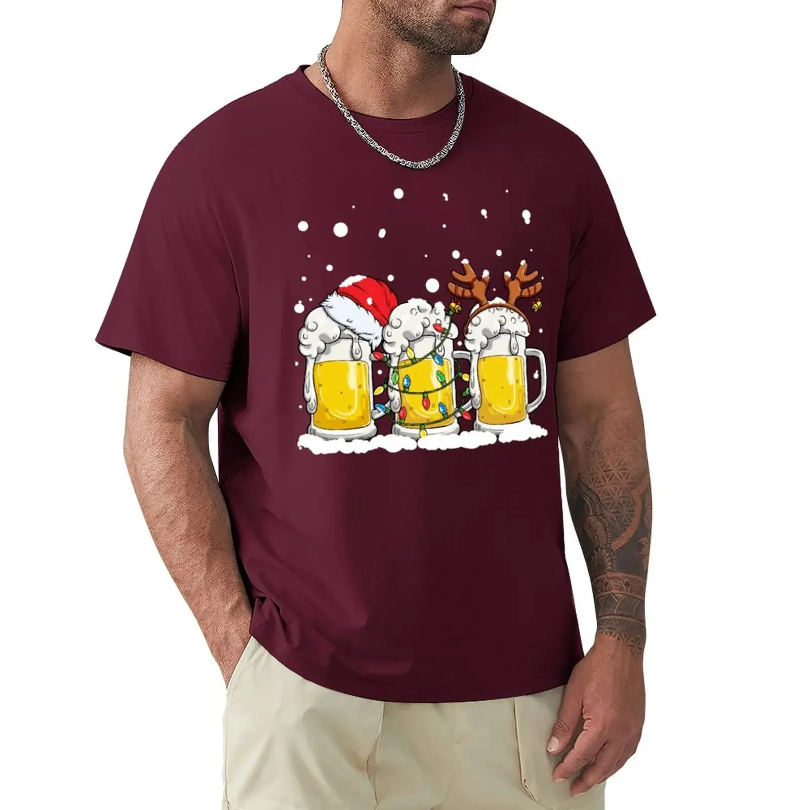 cute tops tops mens graphic t-shirts pack Beer Christmas shirt Mug Santa Reinbeer Xmas lights Men Gift T-Shirt men clothing new