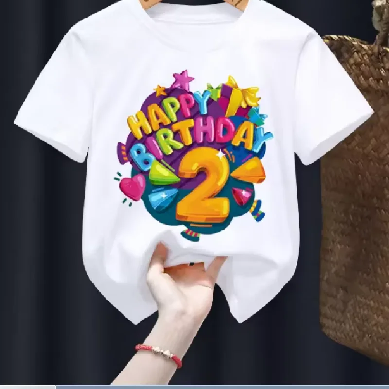Happy Birthday Print Boys Girls White T-shirt Kid New Summer Harajuku Kawaii Funny Clothes Little Baby