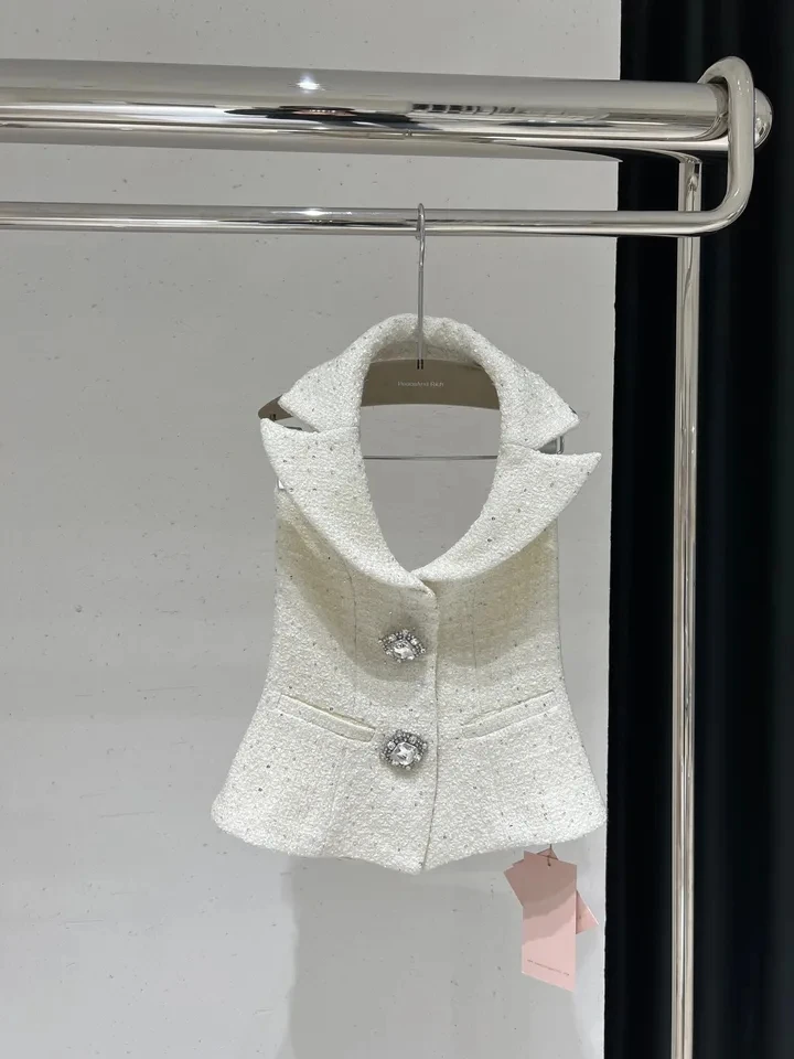 2024 Spring Summer New Women Sexy Diamonds Button Tweed Halters Vest Female Chic Tank Tops