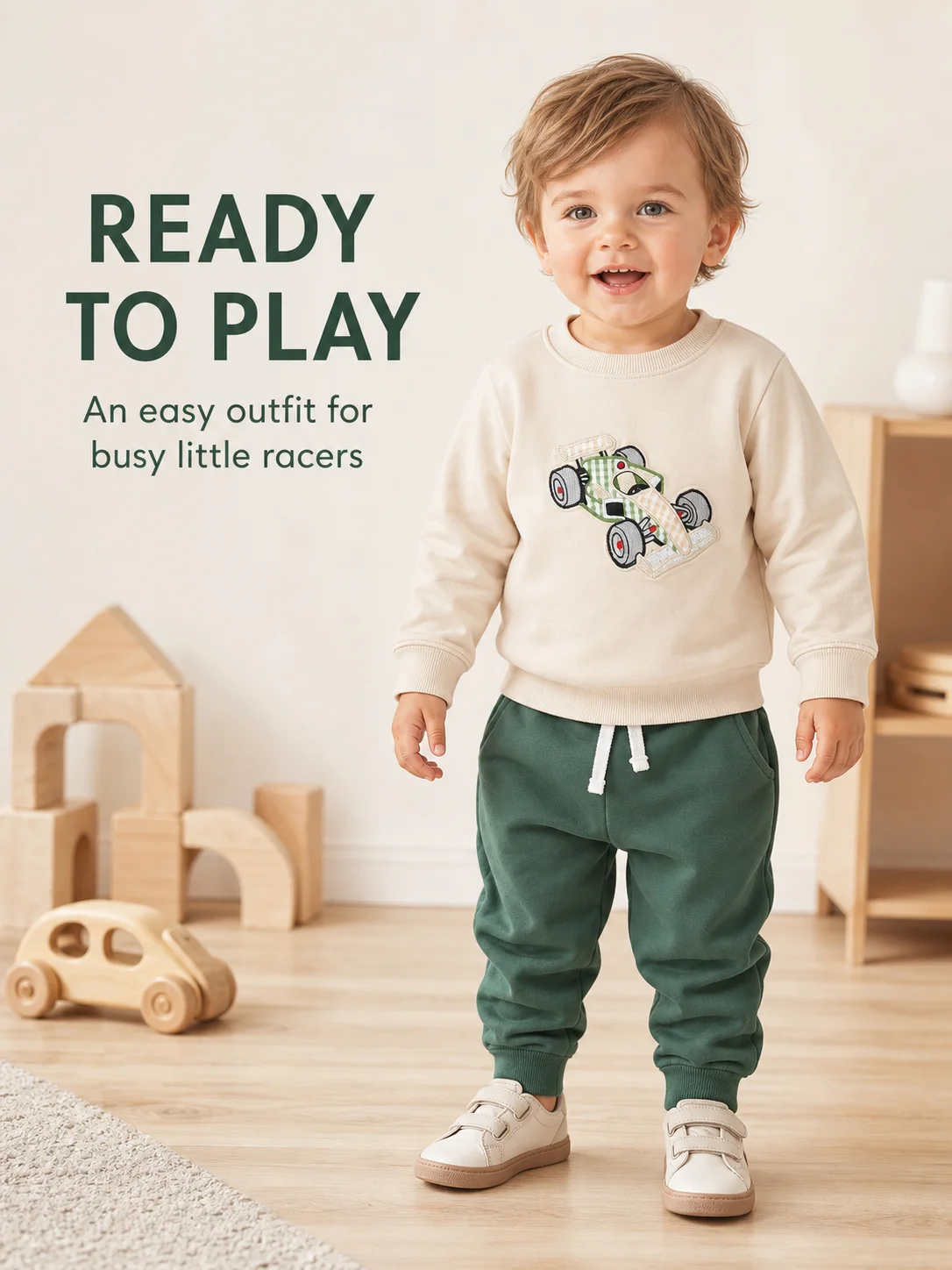 Toddler Boy Racing Car Embroidery 2‑Piece Set Crew Neck Long Sleeve Sweatshirt Elastic Waist Pants Fall Casual Kids Outfit