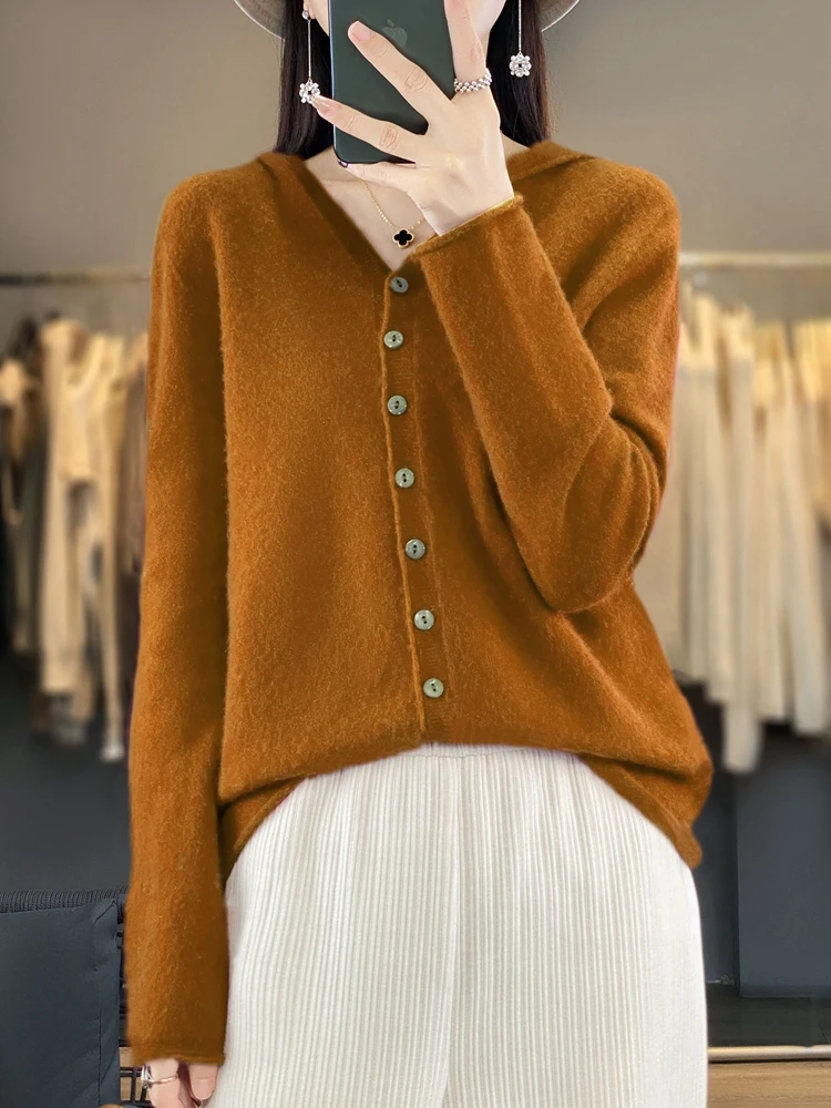 Addonee 2024 Spring Autumn Women 100% Merino Wool Hooded Sweater Cashmere Cardigan Hoodies Knittwear Basic Quality Clothing Tops