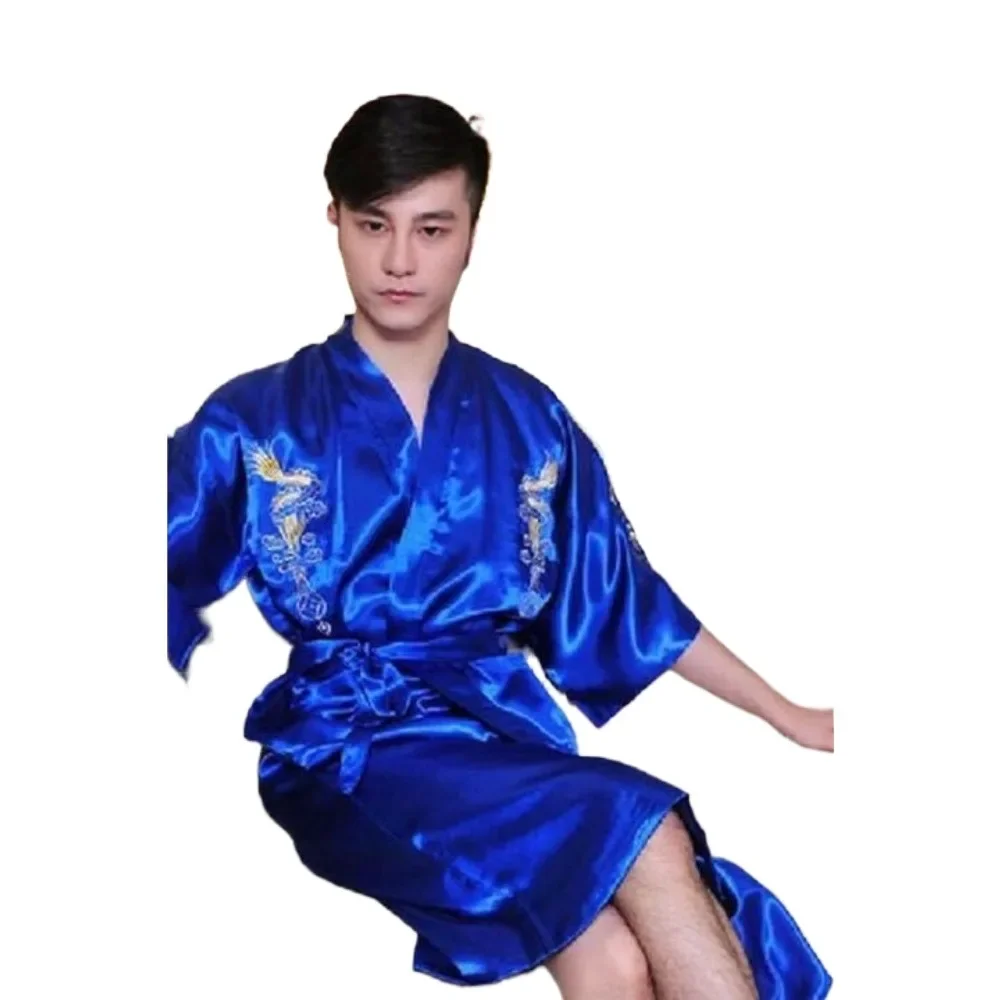 Bath Robe for Men Sleepwear Fashion Clothes Casual Clothing Embroidery Ethnic Style Vintage Streetwear Silk Chinese Loong Loose