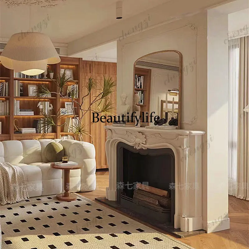 New French solid wood hand-carved fireplace decorative cabinet light luxury living room against the wall entrance villa modern