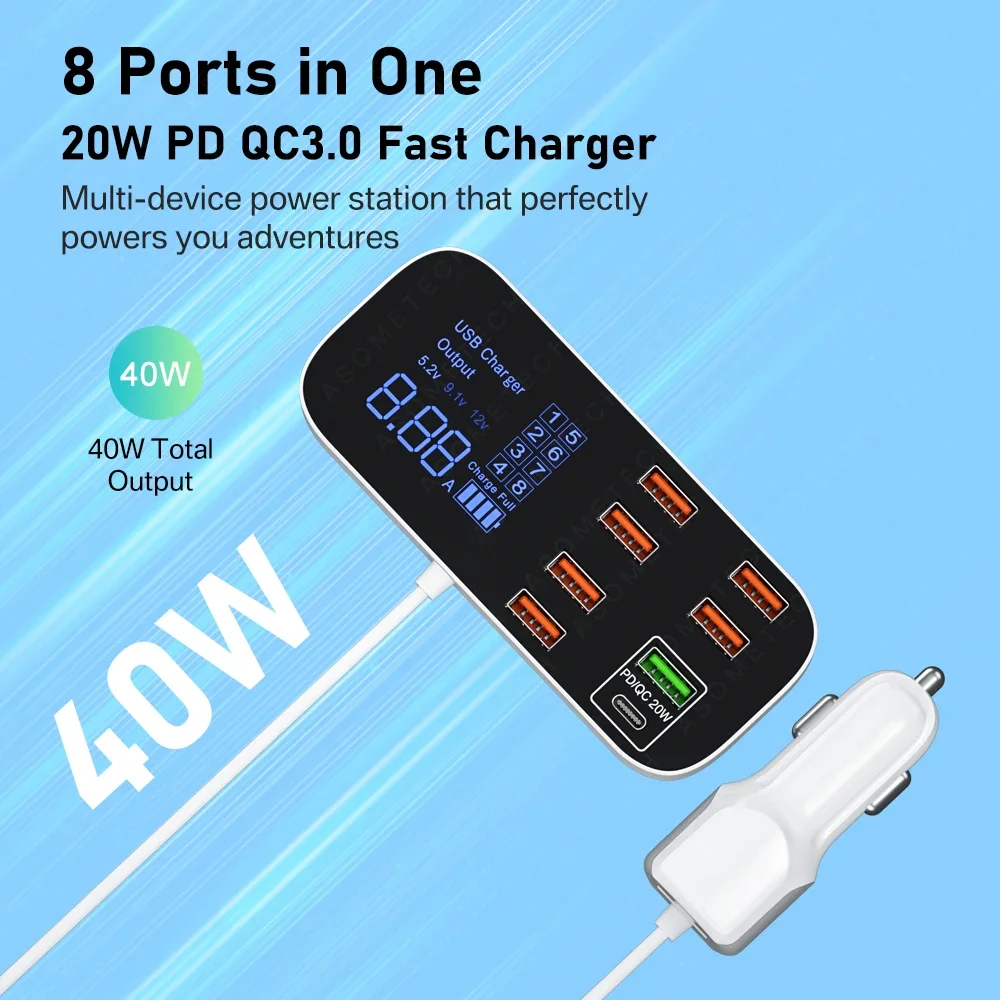 8Ports 40W Quick Charge 3.0 USB Car Charger Adapter Tablet USB Charger QC3.0 Fast Phone Charger For iPhone xiaomi huawei samsung