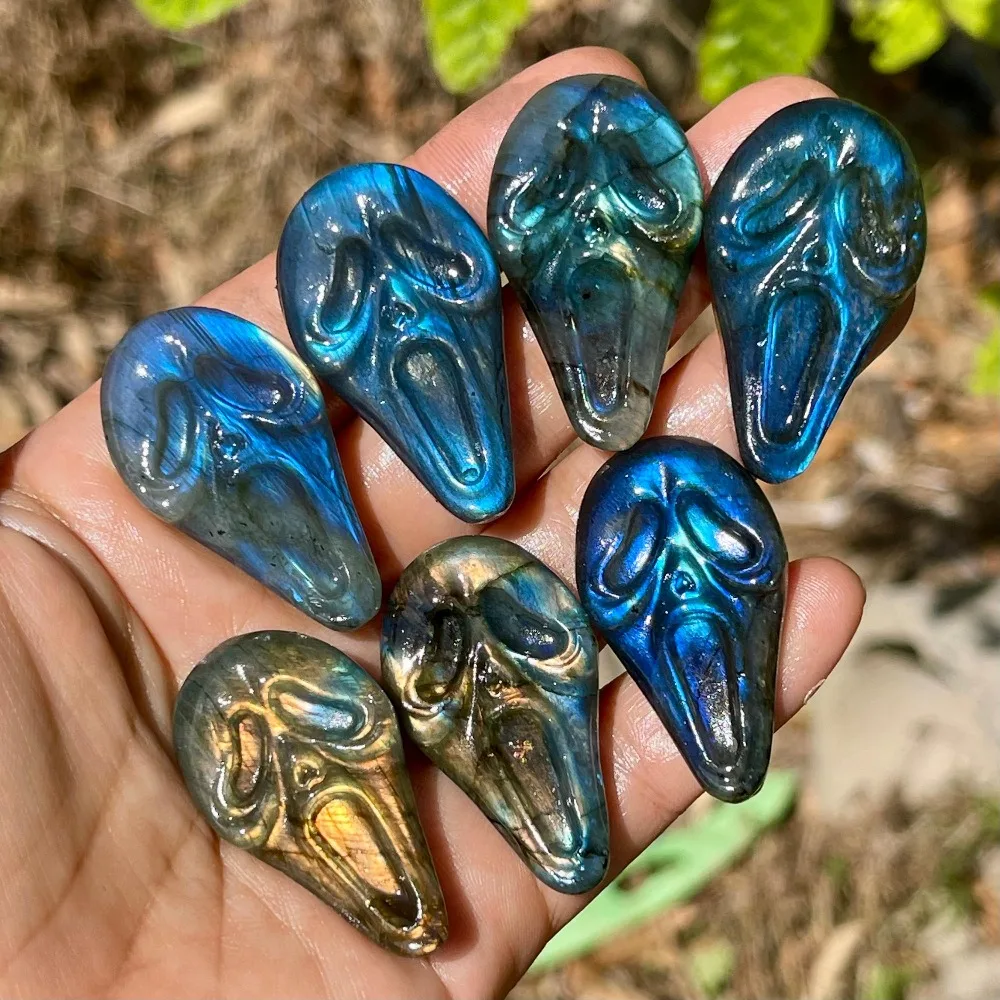 Natural Labradorite Skull Face Perfect for Home Decor Pocket-Sized Stones and As A Holiday Present
