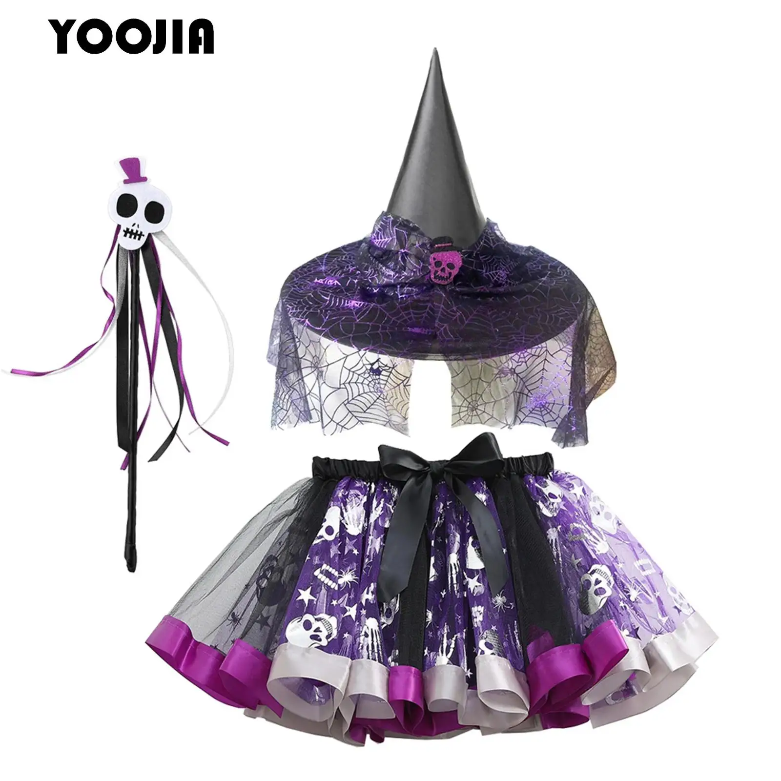 

Little Girl Halloween Witch Tutu Skirt Skull Spider Print Ballet Tulle Pettiskirts+Witch Hat+Magic Stick Fancy Party Cosplay Set