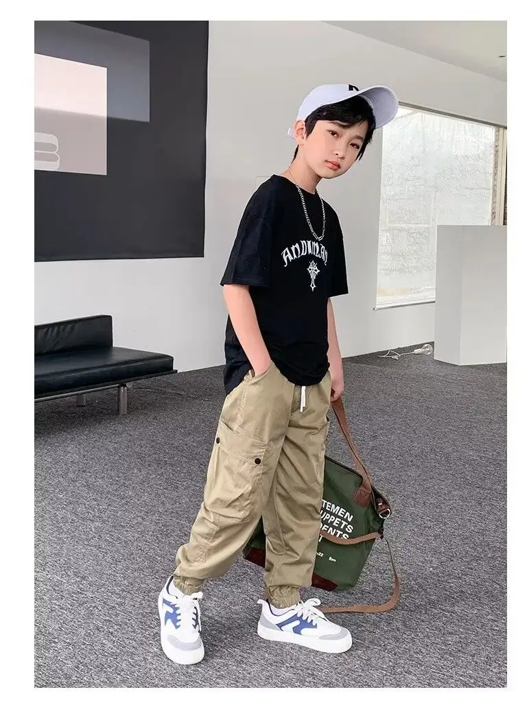 

Summer Big Pocket Children Harem Long Pants Elastic Waist Casual Boys Cool Loose Pleated Pant Trousers Pants for Teenager