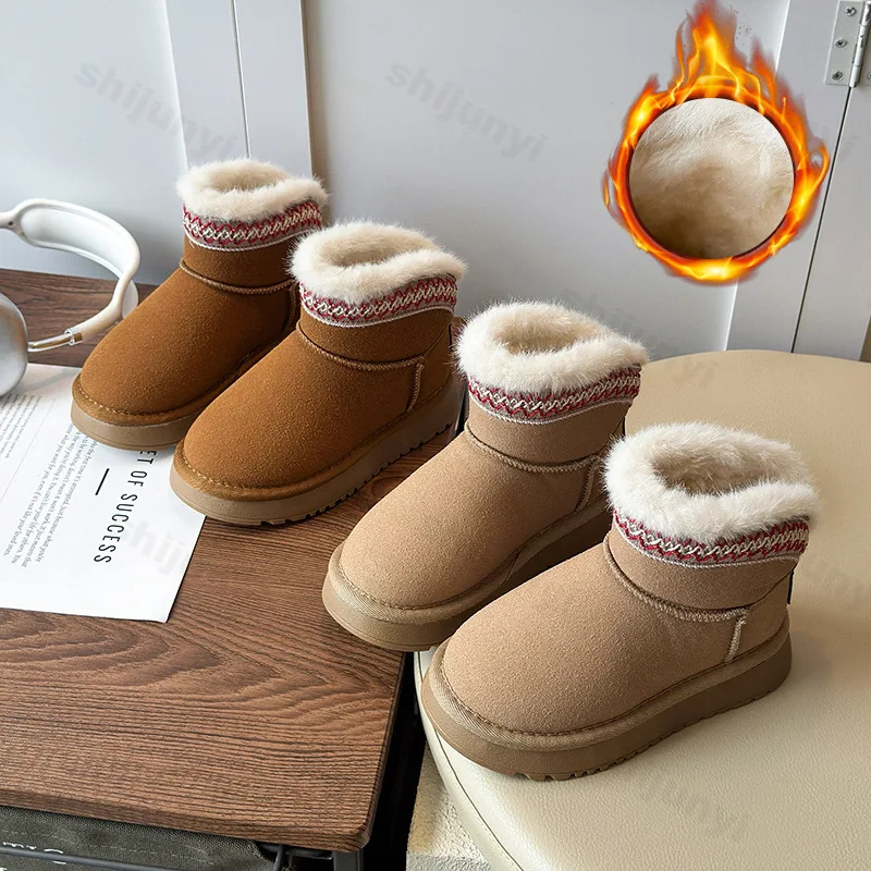 

Детские зимние ботинки, зима 2024, теплые плюшевые удобные нескользящие повседневные хлопковые туфли, морозостойкие ботильоны на платформе с толстой подошвой