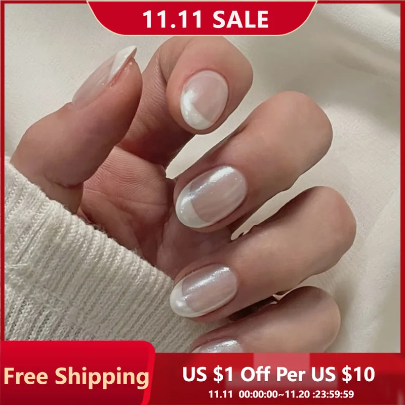 

24pcs Press on Nails Short Rounded French White Glitter Full Coverage Nail Tips for Women&Girl Removable Wearable False Nail Art