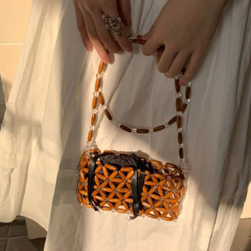 حقيبة منسوجة مطرزة بالخرز من الخشب الطبيعي مصنوعة يدويًا، حقيبة كتف نسائية بوهو، محفظة عصرية بلون الحلوى مع محفظة مطرزة بجيب داخلي