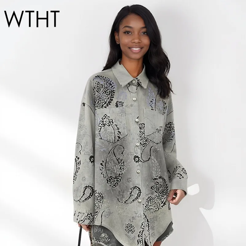 

Новая модная женская джинсовая рубашка WTHT с жаккардовым узором и стразами, весна 2026, трендовая блузка с отложным воротником и длинными рукавами, модель 1LS2898