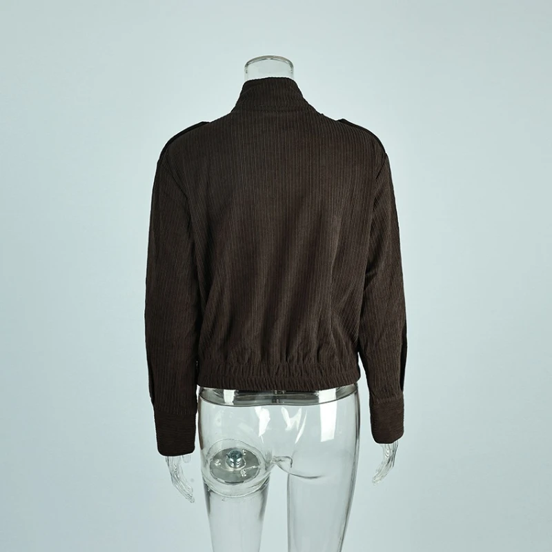 Jacke für Damen, braun, Stehkragen, lange Ärmel, Patchwork, einreihig, modisch, lässig, Cordjacke, weiblich, 2025, Streetwear