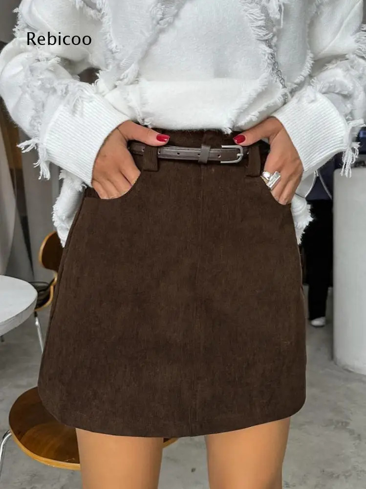 High Waist Straight Corduroy Short Skirt For Women Side Pockets Design For Outdoor Trips And Various Retro Fashion Styling