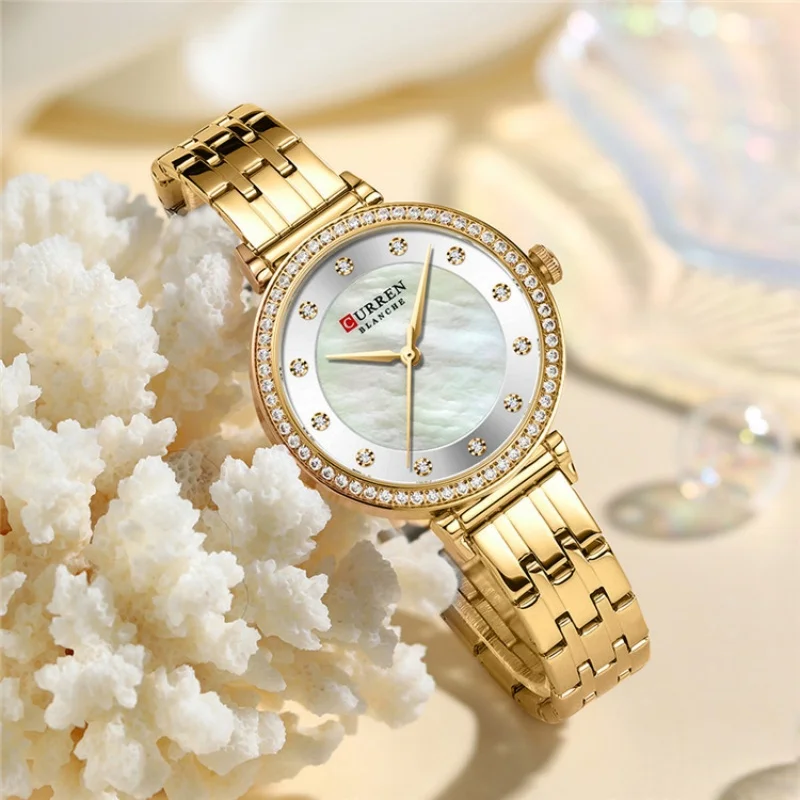CURREN 9087 Diamond-studded Quartz Watch for Ladies, Ultra-thin Round Shell Dial Waterproof Stainless Steel Strap Wristwatch