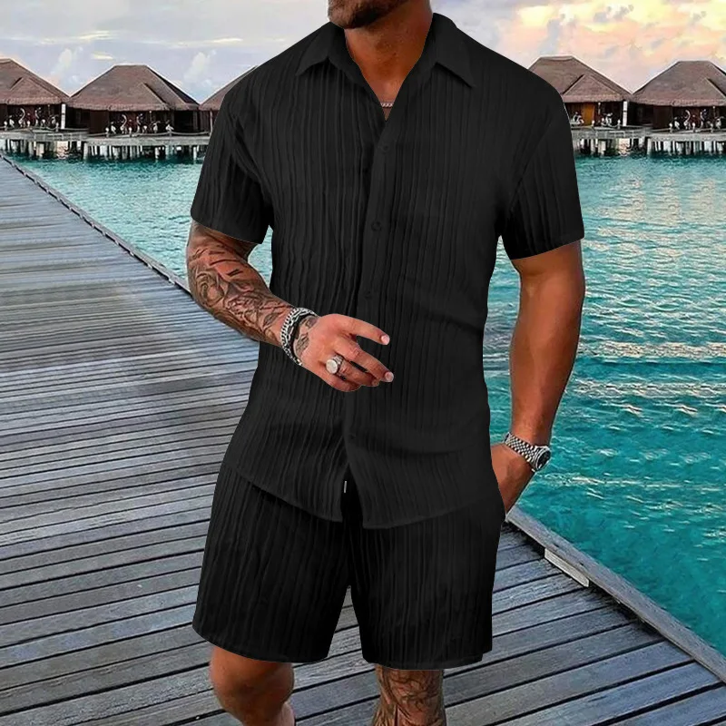 European and American Summer Casual Sports Set Trend Loose Solid Color Breathable Cardigan Short Sleeved Shorts Set