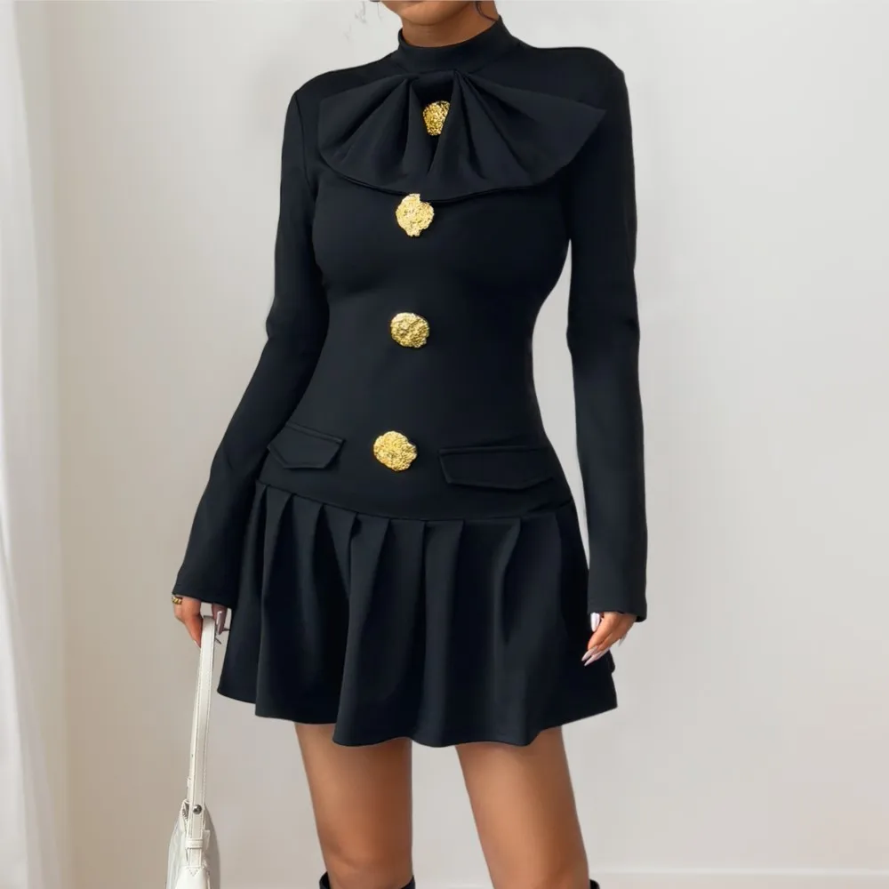 أنيقة الحلو القوس زر مزين نصف الياقة المدورة طويلة الأكمام الخريف اللباس مزاجه عارضة أسلوب بسيط العصرية بلون