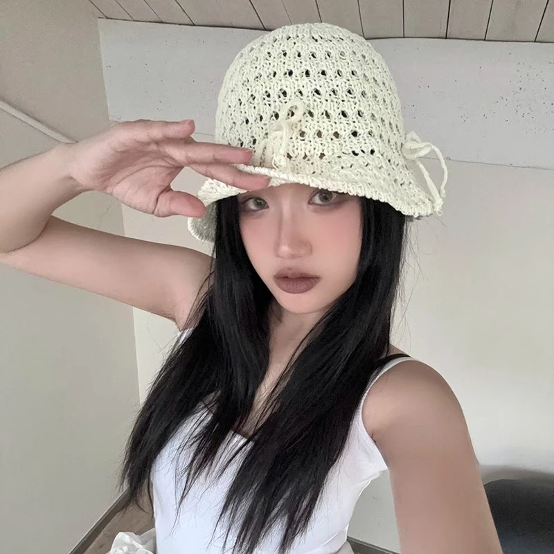 Korean New Bow Knitted Bowl Hat Womens Summer Hollow Thin Cute and Versatile Small Round Top Fisherman Hat Y2k Girls Bucket Hats