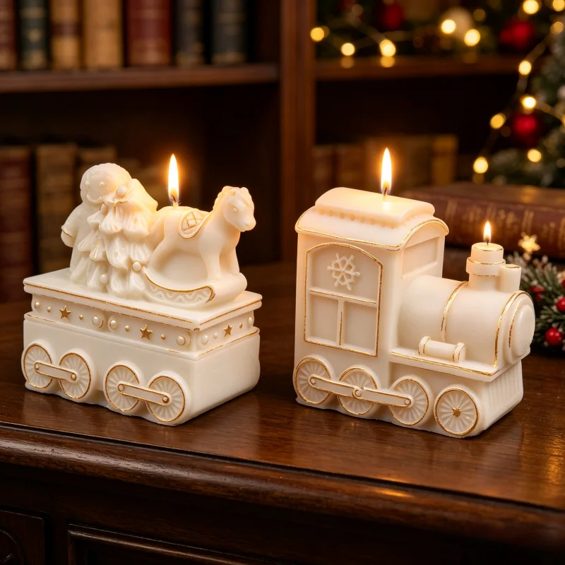 3D-Weihnachtszug-Silikon-Kerzenform, 4 Stile Lebkuchenmann, Bär, Haus, Lokomotive, Schlitten, Wachsform für DIY-Seife und Gips – Detail 6