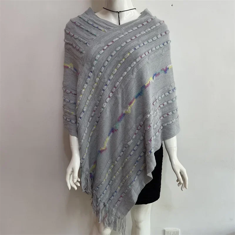 

2025 Spring Autumn New Women Wear European American Tassel Pullover Cloak National Style Lady Shawl Sweater Scarf Gray