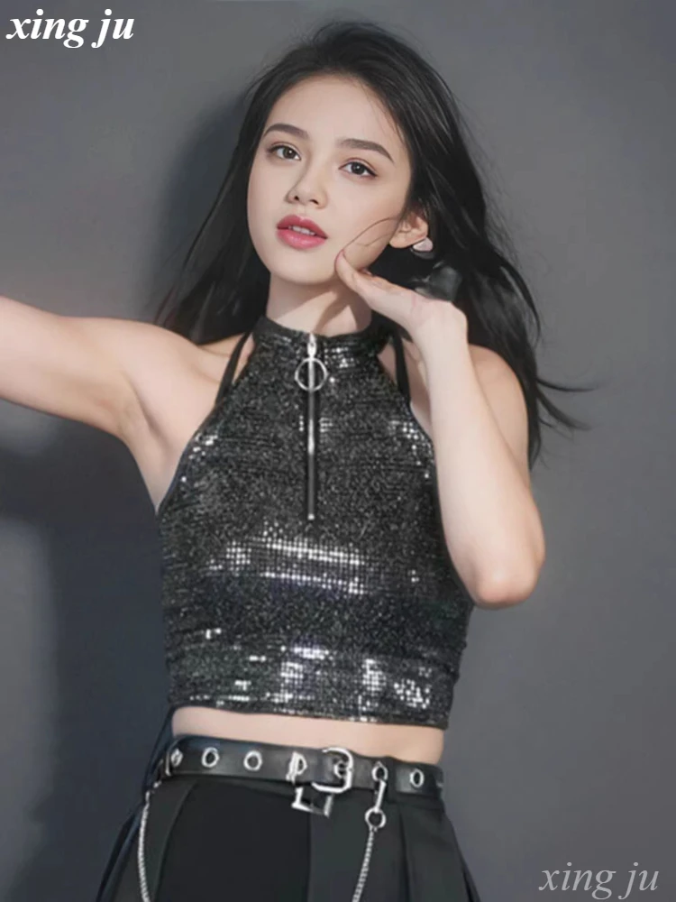 Xing Ju Kpop Group Jazz Dance Costume Women Black Shiny Vest Tight Tops Sexy PU Pleated Skirt Singer DJ Stage Performance Wear