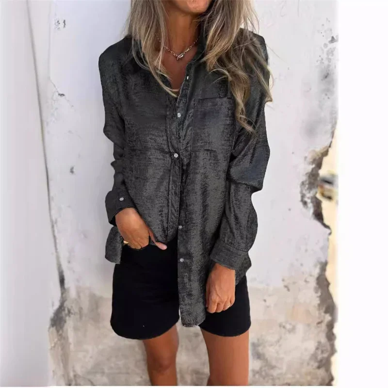 Fashion New Glossy Casual Shirt Women Single Pocket Splicing Blouse Female Commuter Spring Autumn Vintage Lapel Long Sleeve Tops