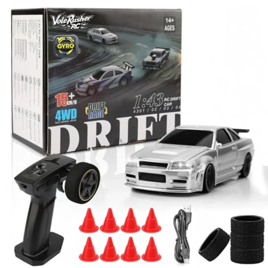 1/43 Mini RC Drift Car for indoor racing, ABS plastic body, red-black dual tone, gyro-stabilized 4WD RTR with 2 tire sets 8 con