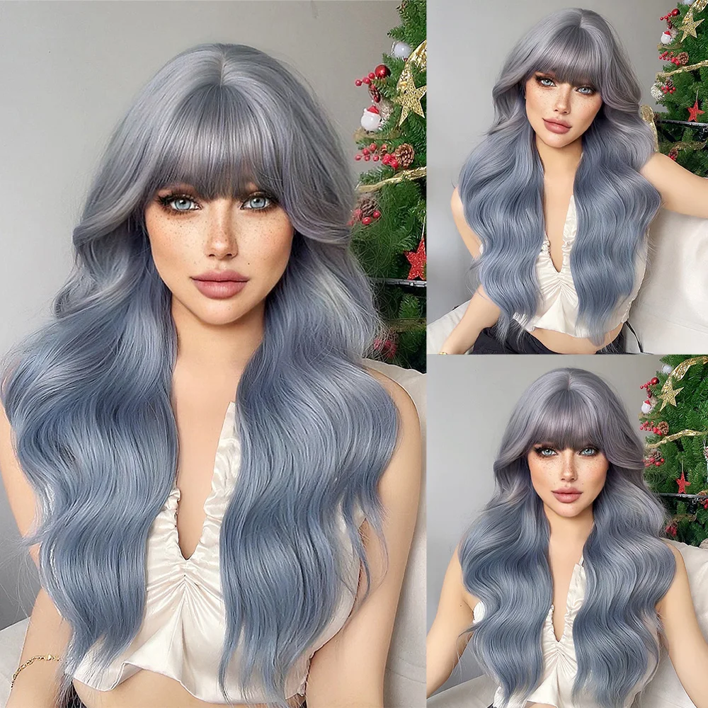 

26Inch Haze Blue Synthetic Wigs with Bangs Long Natural Wavy Hair Wig for Women Daily Use Cosplay Drag Queen Heat Resistant