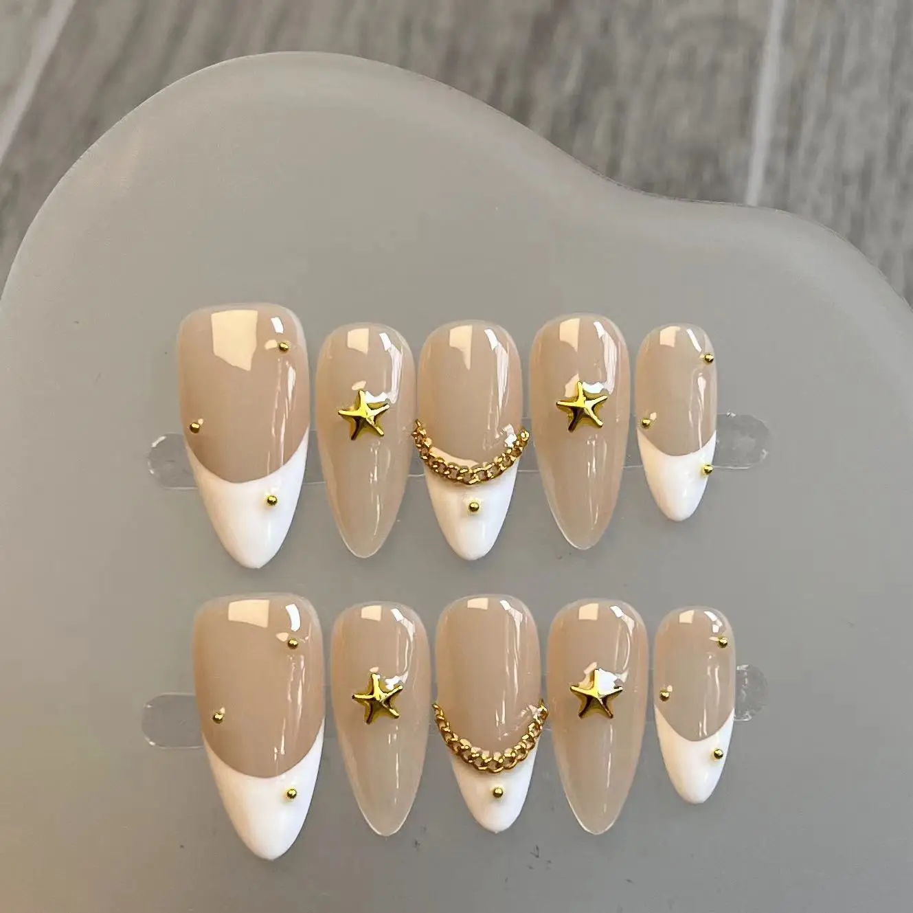 Handmade Almond Press On Nail Reusable French Fake Nails Rhinestone Full Cover Artificial Manicuree Wearable Nail Tips Art