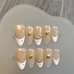 Handmade Almond Press On Nail Reusable French Fake Nails Rhinestone Full Cover Artificial Manicuree Wearable Nail Tips Art