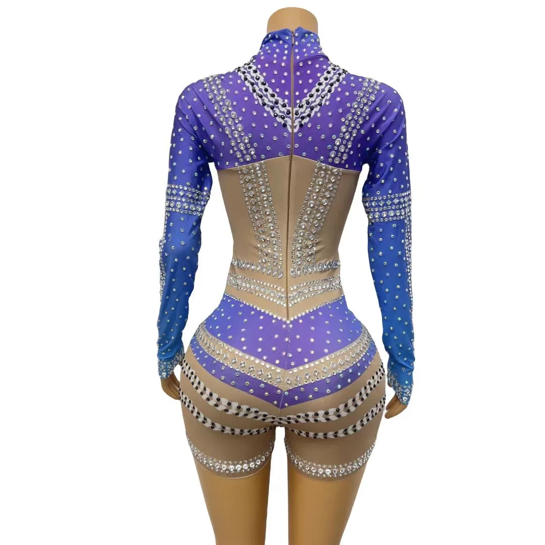 Fashion Design Nude Blue Stretch RhienstonesRompers Birthday Party Bodysuit Women SingelPerformancejumpsuit Costume wanxia  C128
