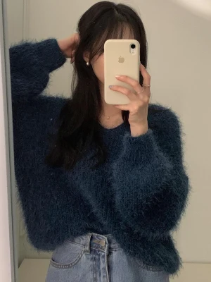 Vネック無地ロングニットセーター ゆったりとした着心地の良いソフトなミンク風秋冬レディーススウィートニット...