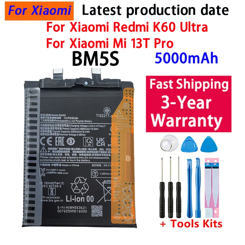 100% BM5S 5000mAh Phone Replacement Battery For Xiaomi K60 Ultra / Mi 13T Pro Batteries +Fast Shipping