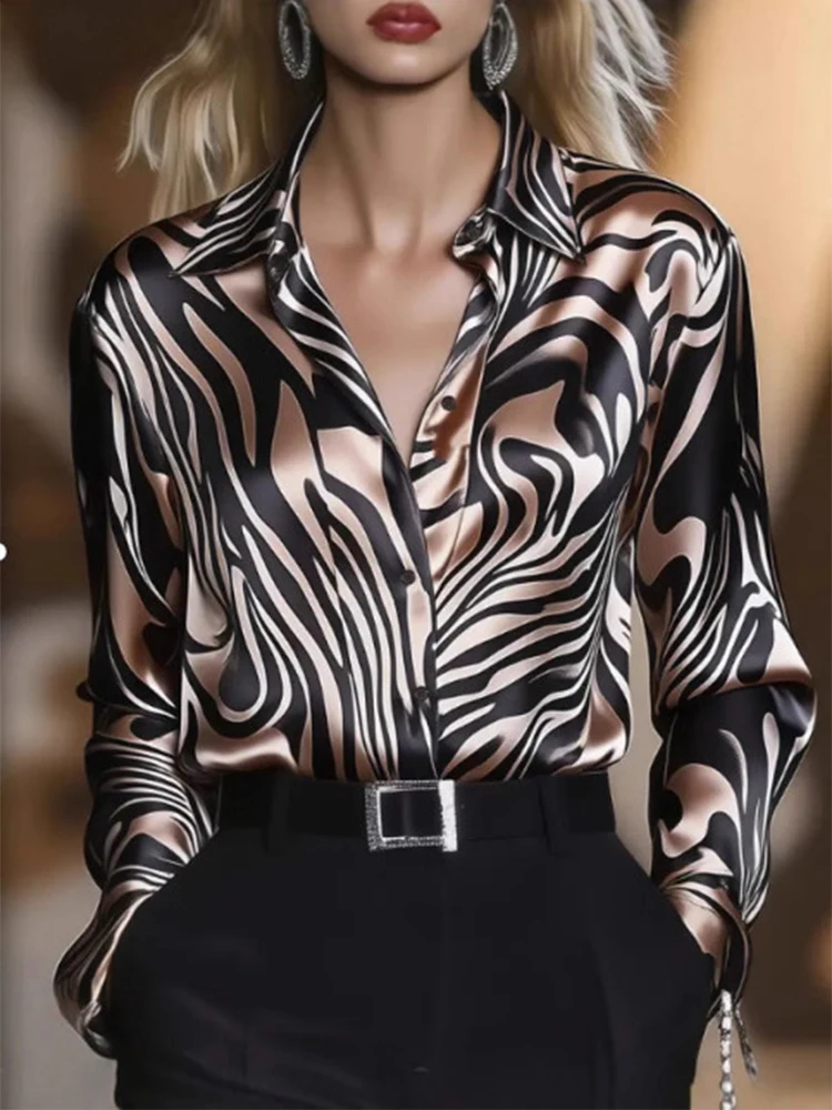

Spring Autumn Satin Shirt Blouse Women Print Zebra-stripe Turn-down Collar Buttons Long Sleeve Shirt Tops OL Work Wear 65022