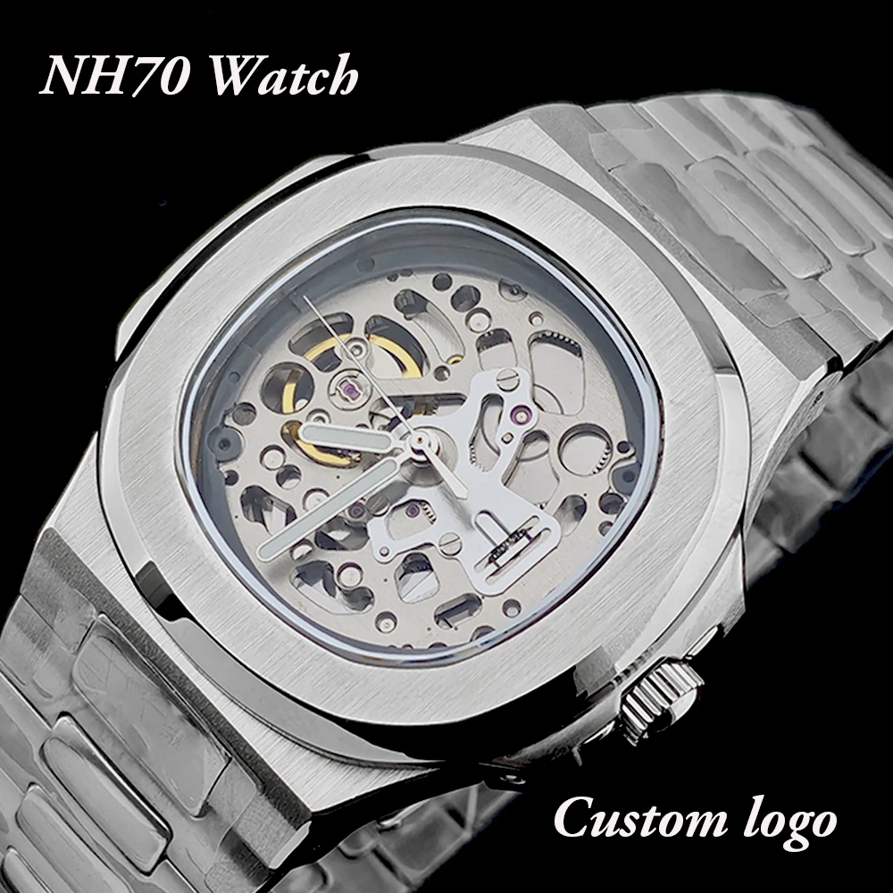 

Новые часы NH70 с индивидуальным логотипом, мужские часы, часы с ажурным циферблатом, часы из нержавеющей стали, часы с механизмом NH70