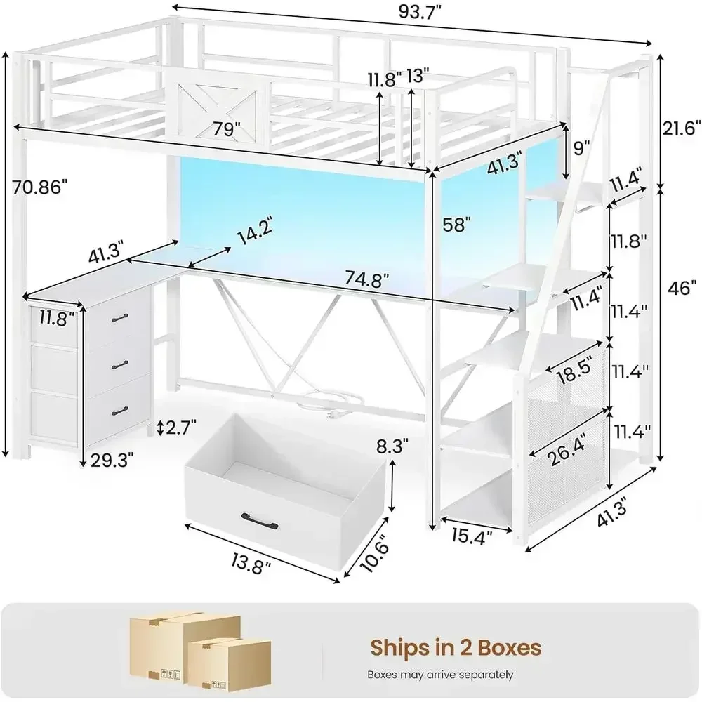 Twin Size Metal Staircase Bed with L-Shaped Desk, Wardrobe, Fabric Drawers, LED Lights, Charging Station, Noise-Free, No Box Spr
