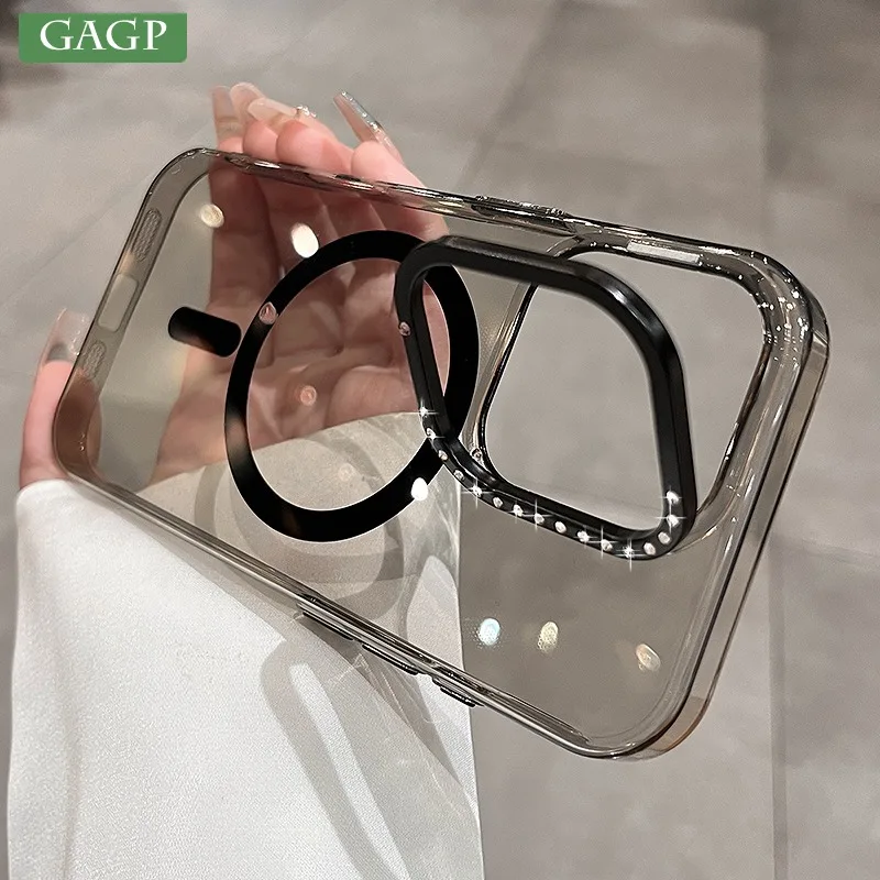 Чехол для телефона Magsafe с магнитным защитным кронштейном для iPhone 14, 15, 16 Pro Max Magsafe, прозрачный акриловый жесткий чехол с бриллиантами