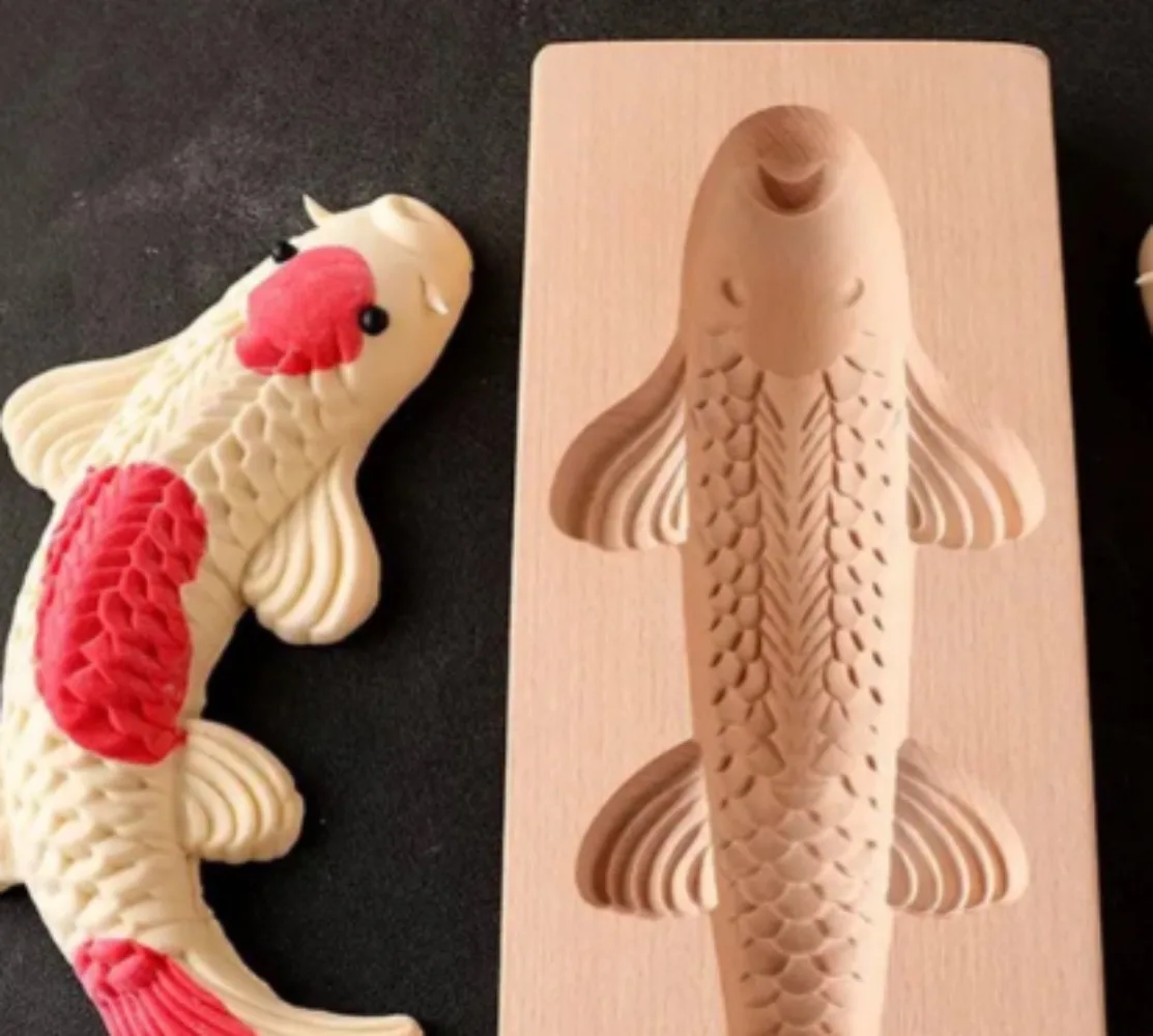 Solid Wood Koi Fish Mold 3D Carving Non-toxic Reusable Festival DIY Steamed Bun & Rice Cake Mould