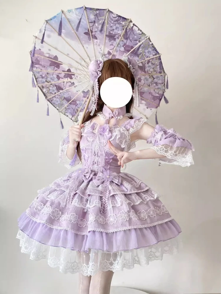 オリジナルスイートキュートガール誕生日パーティー プリンセスLOショートドレス 3Dボウレーススプライス パフスリーブ カワイイピンク ロリータJSKドレス 女性用