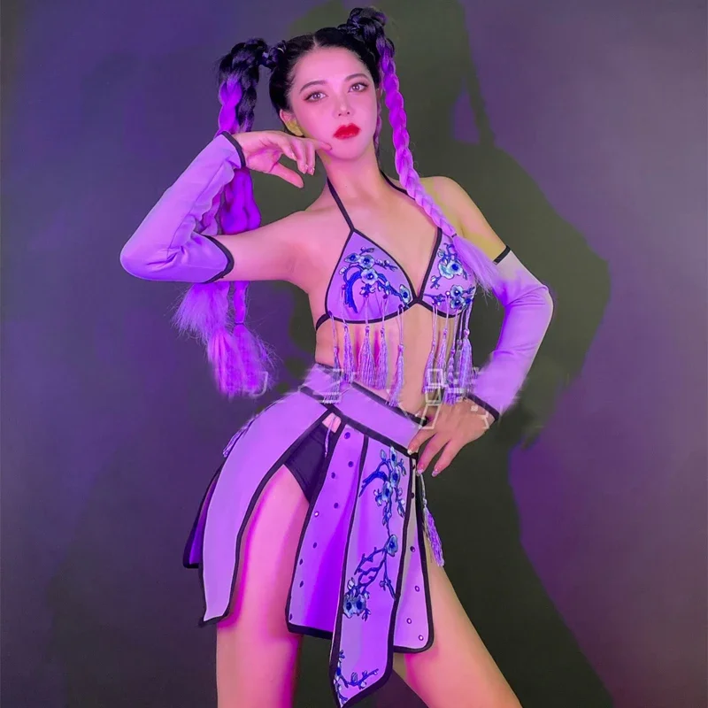 Purple Bikini Skirt Women DJ DS Gogo Dance Costumes Sexy Cosplay Pole Dance Clothing Stage Festival Outfit Clubwear XS7053