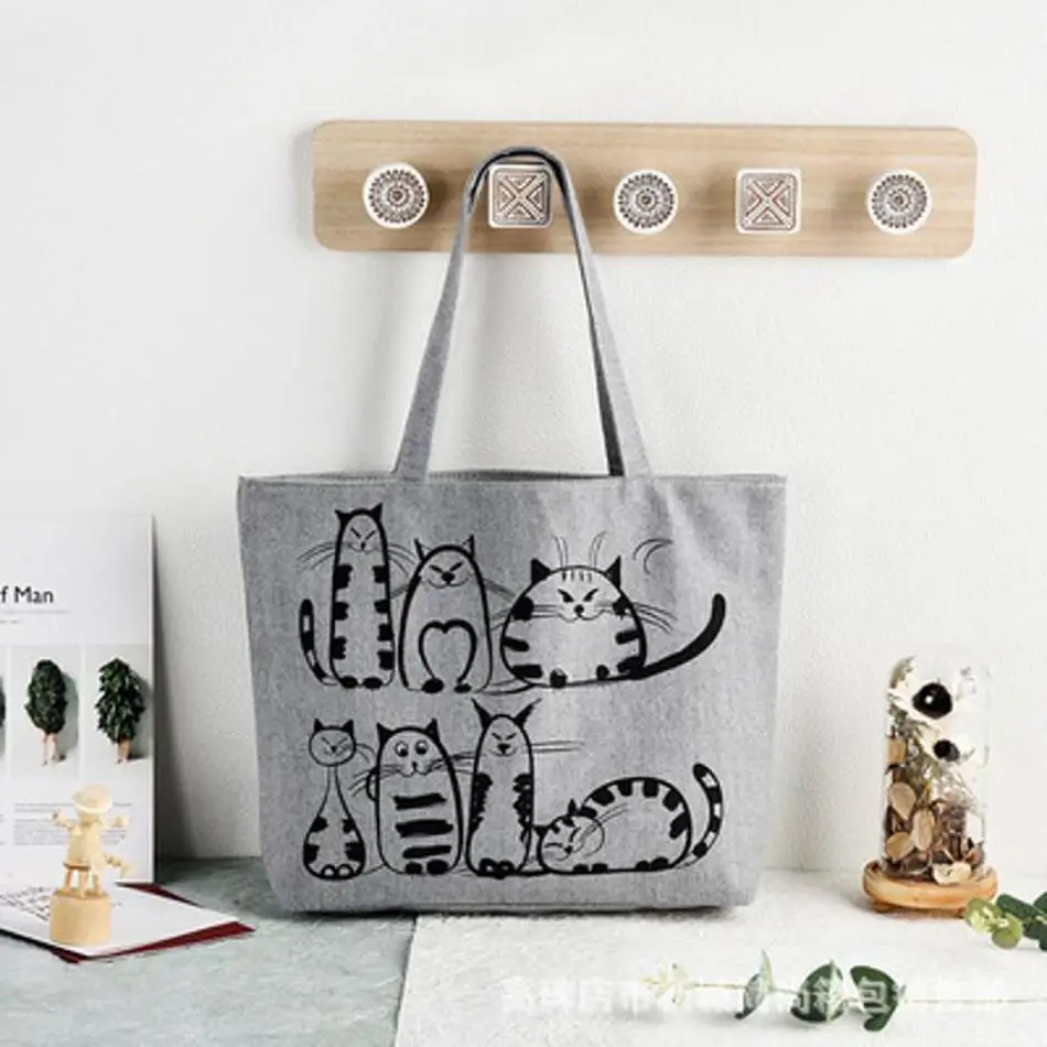 الكرتون القطط المطبوعة الشاطئ سستة حقيبة جديدة عصرية موضة واسعة حزام الكتف الرجعية المرأة موضة قماش حمل حقائب التسوق