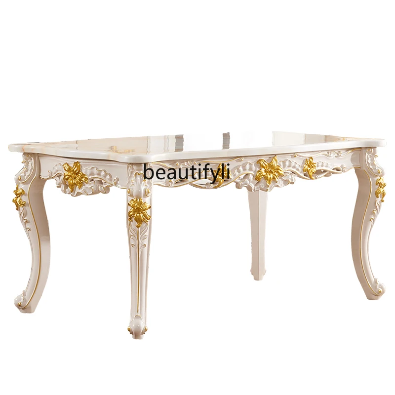 

Solid Wood Natural Marble Rectangular Dining Tables and Chairs Combination Restaurant Dining Table Villa Furniture
