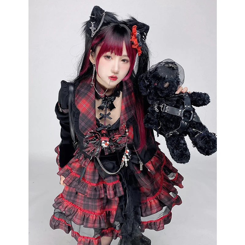 New Original Japanese Harajuku Cool Girl Fashion Red Dress Female Lolita Temperament Slim Sweet Kawaii Dress