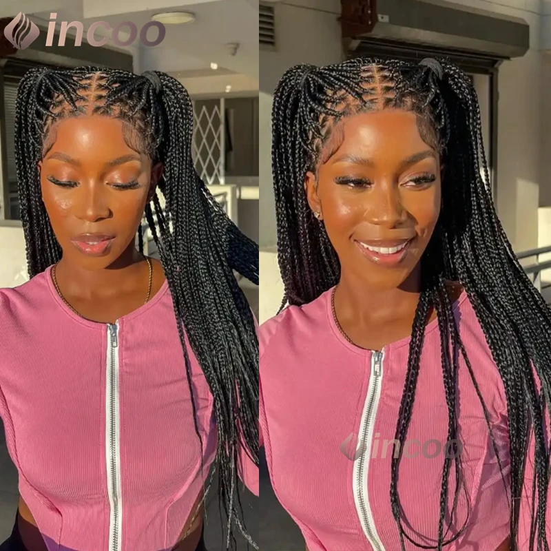 36 Inch Knotless Braided Wigs Synthetic Full Lace Front Cornrow Braids Small Box Square Hair Wigs African Hair